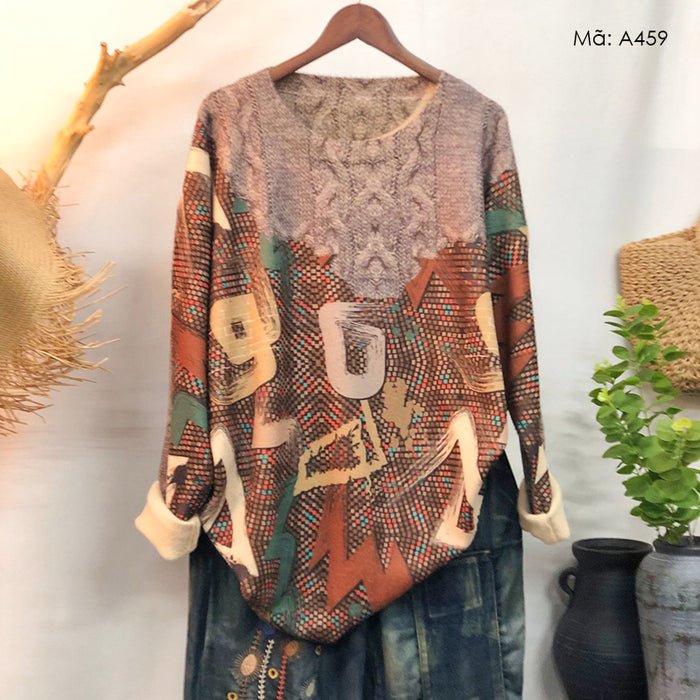 Áo len dài tay cổ tròn in retro và net cọ - A459