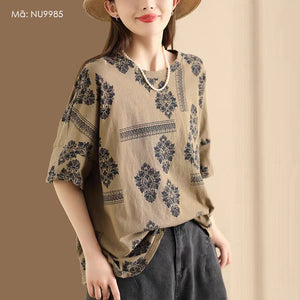 Áo T-shirt linen ngắn tay cổ tròn hoa văn trừu tượng - NU9985