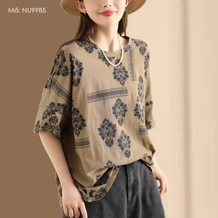 Áo T-shirt linen ngắn tay cổ tròn hoa văn trừu tượng - NU9985