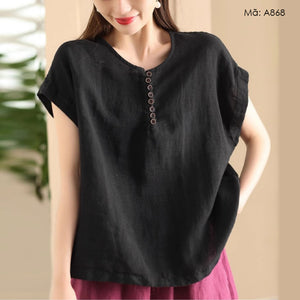 Áo sơ mi linen sát nách cổ tròn retro - A868