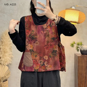 Áo T-shirt linen gile sát nách cổ tròn in hoa lá - A225