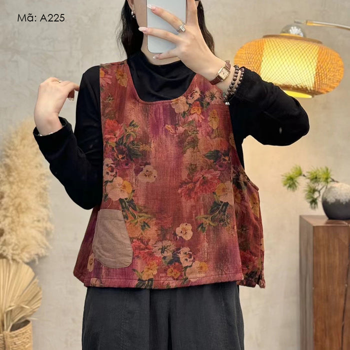 Áo T-shirt linen gile sát nách cổ tròn in hoa lá - A225
