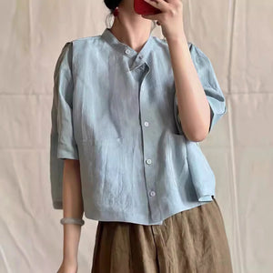 Áo sơ mi linen ngắn tay cổ đứng hai túi vuông  - NU7418
