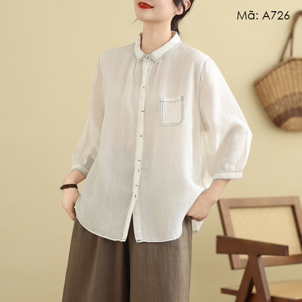 Áo sơ mi linen tay lửng cổ đức một túi chỉ nổi - A726