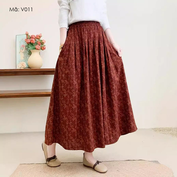 Chân váy retro lưng thun xếp ly in hoa liti - V011