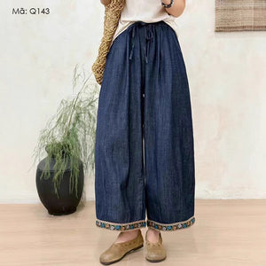 Quần baggy denim lưng thun ống rộng thêu viền hoa lá - Q143