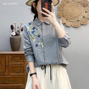Áo sơ mi linen dài tay cổ cánh sen thêu hoa lá - NU9787