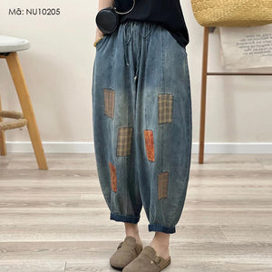 Quần baggy denim lưng thun ống côn kiểu chắp vá - NU10205