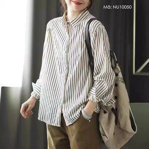 Áo sơ mi linen dài tay cổ đức kẻ sọc - NU10050