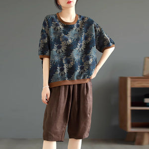 Áo T-shirt linen ngắn tay cổ màu in hoa lá - NU9964