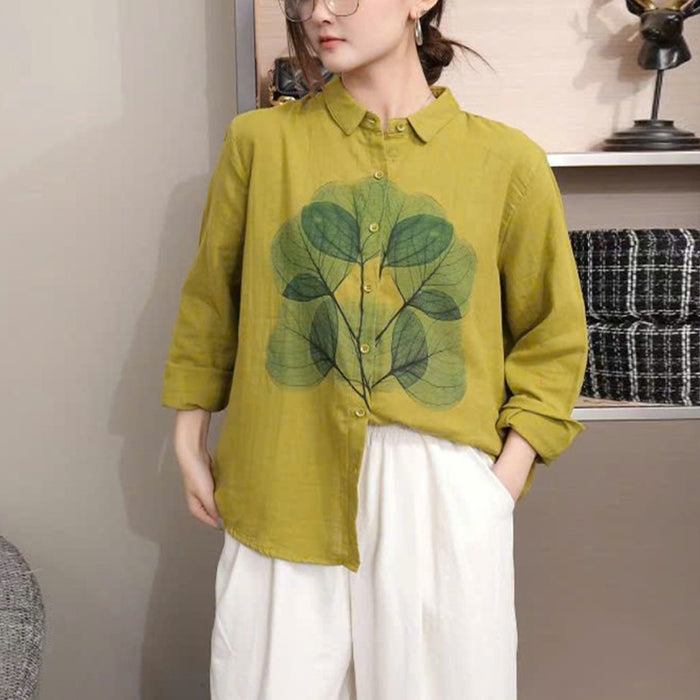 Áo sơ mi dài tay cổ đức in những chiếc lá - A259