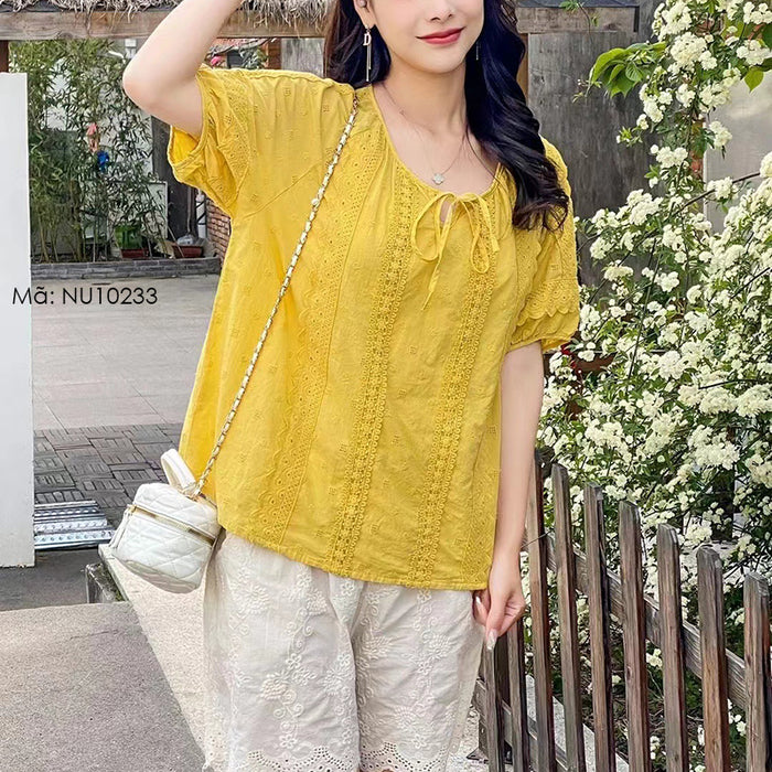 Áo sơ mi ngắn tay cổ tròn thắt dây thêu ren - NU10233