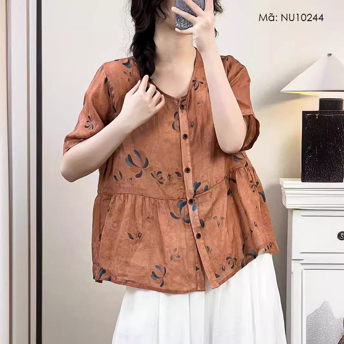 Áo sơ mi linen ngắn tay cổ V kiểu hai tầng in hoa lá - NU10244