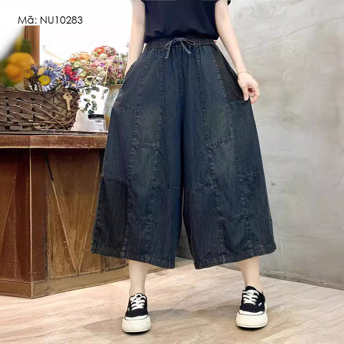 Quần baggy denim lửng lưng thun may chữ nhật - NU10283