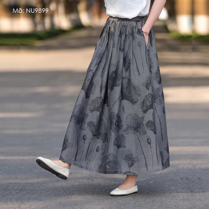 Chân váy linen lưng thun in hoa màu nước - NU9899