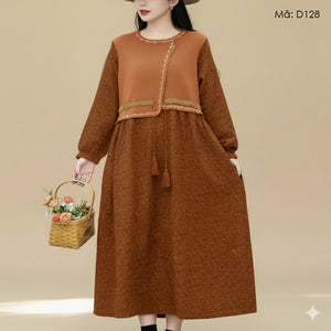 Đầm liền linen dài tay - D128