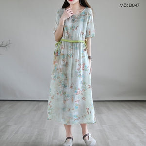 Đầm liền linen ngắn tay cổ tròn eo kiểu thắt dây - D047