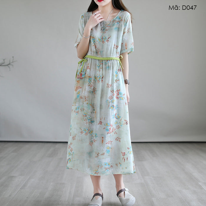 Đầm liền linen ngắn tay cổ tròn eo kiểu thắt dây - D047