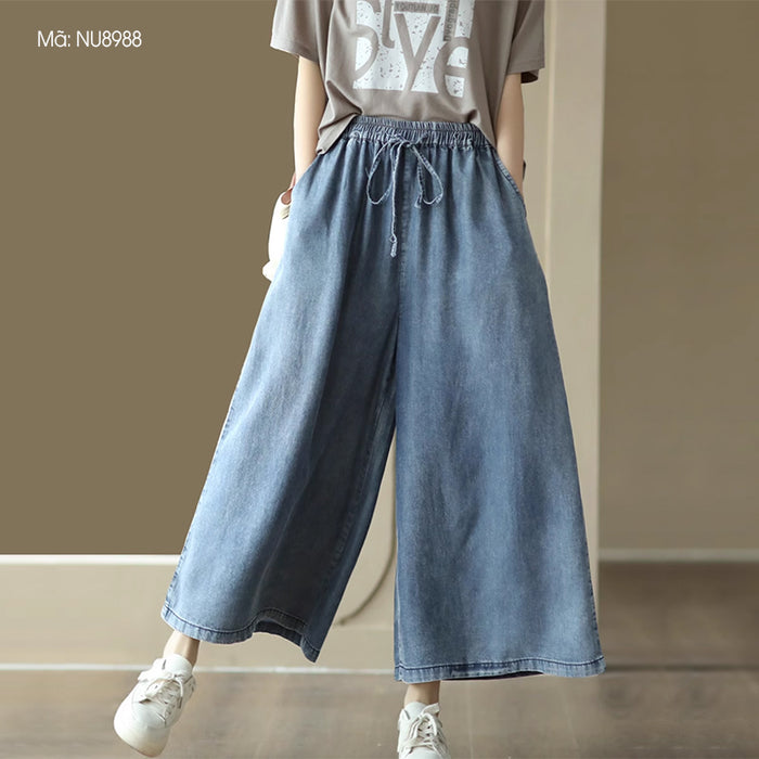 Quần baggy denim lưng thun dây rút ống rông hai túi chéo - NU8988