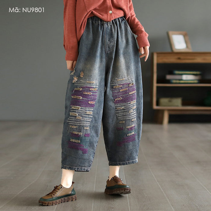 Quần baggy denim lưng thun thêu kiểu sờn rách - NU9801