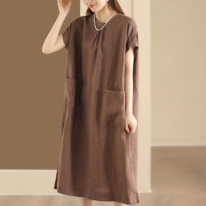 Đầm liền linen ngắn tay cổ tròn khuy cài sau hai túi vuông - D006