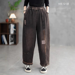 Quần baggy denim lưng thun ống rộng kiểu vá - Q123