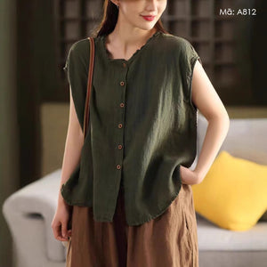 Áo sơ mi linen sát nách cổ tròn xếp ly - A812