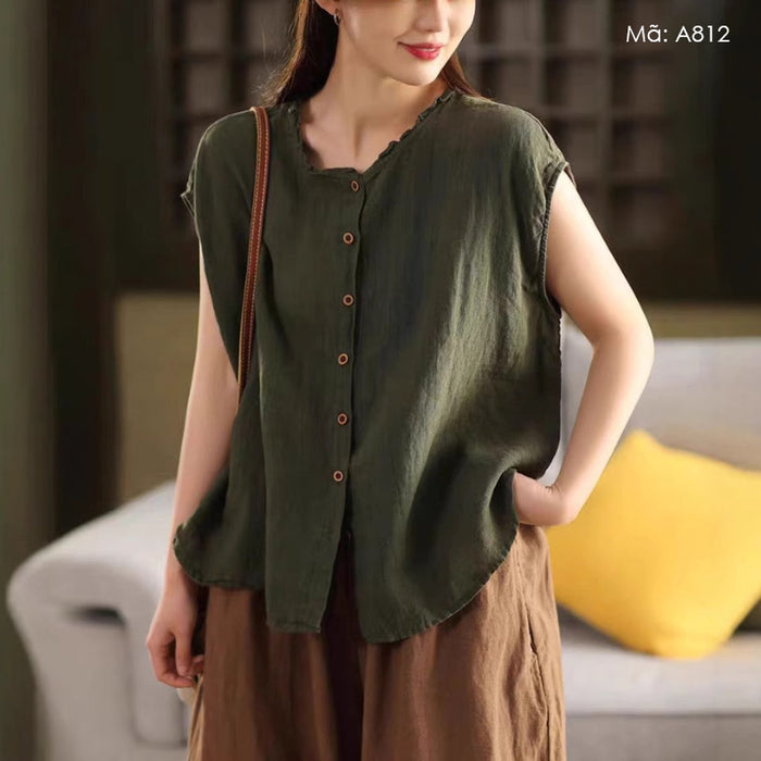 Áo sơ mi linen sát nách cổ tròn xếp ly - A812