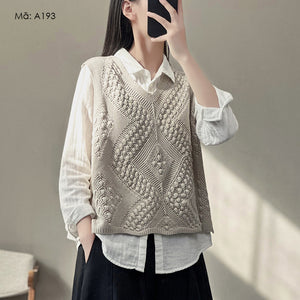 Áo gile len đan hoa văn retro cổ V - A193