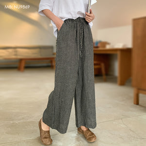 Quần baggy linen lưng thun kẻ caro ống rộng - NU9869
