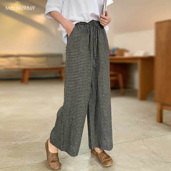 Quần baggy linen lưng thun kẻ caro ống rộng - NU9869