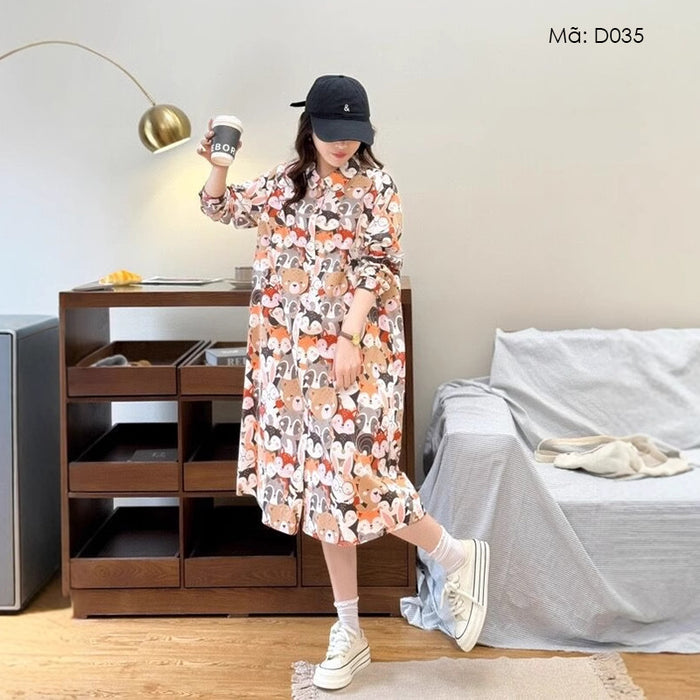 Đầm liền linen dài tay cổ pipi in hoạt hình kiểu sơ mi - D035