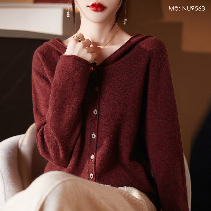 Áo khoác len cashmere dệt kim dài tay có mũ khuy cài - NU9563