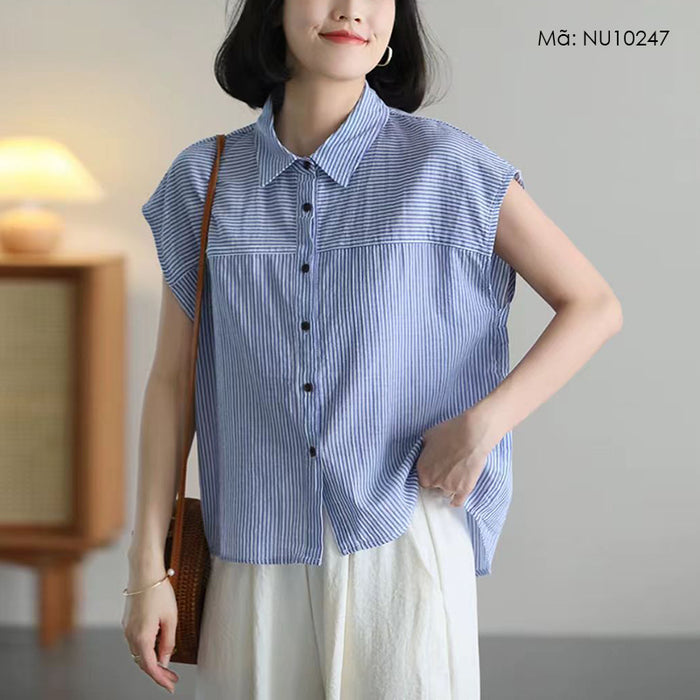 Áo sơ mi linen sát nách cổ đức kẻ sọc - NU10247