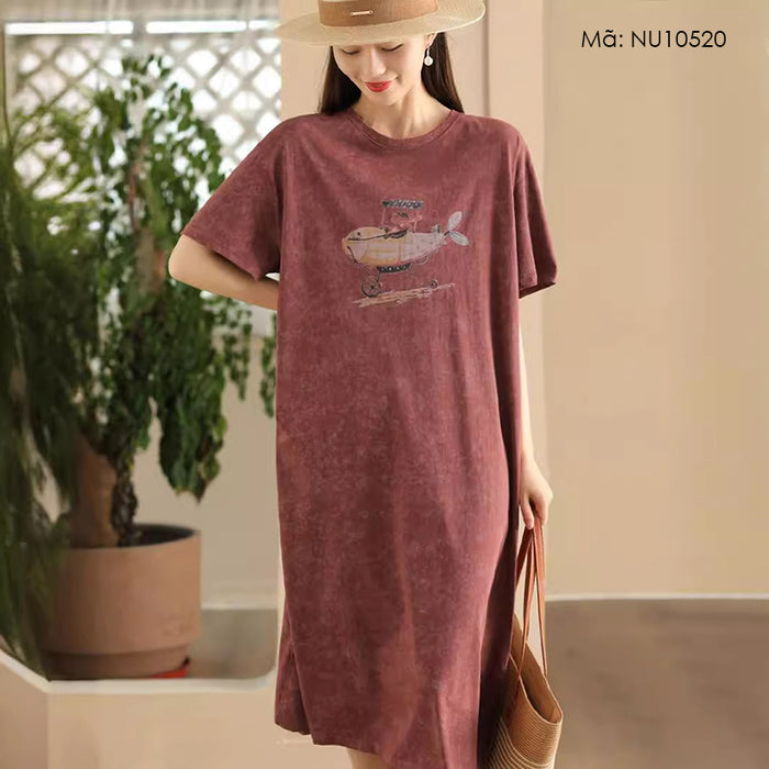 Đầm liền ngắn tay cổ tròn in lái máy bay - NU10520