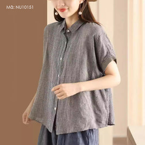 Áo sơ mi linen ngắn tay phối màu cổ đức kẻ caro - NU10151