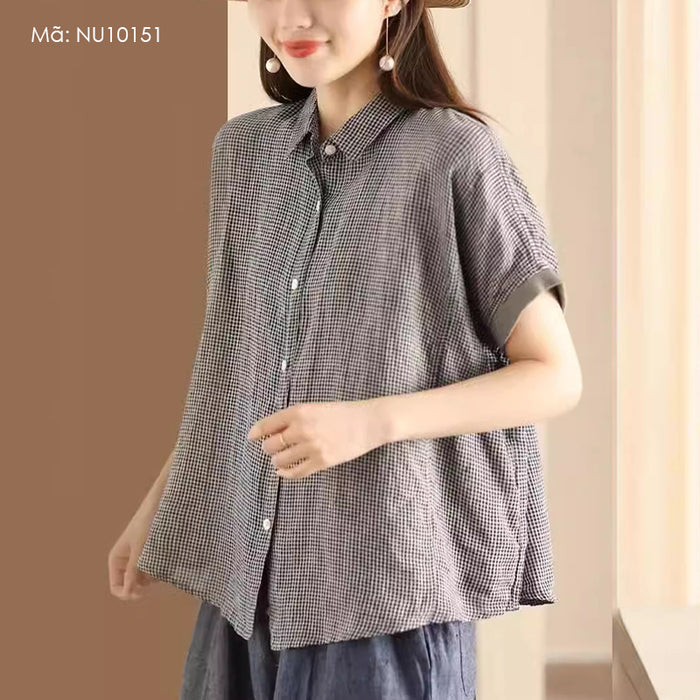 Áo sơ mi linen ngắn tay phối màu cổ đức kẻ caro - NU10151