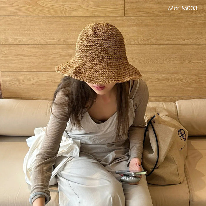 Mũ cói móc tay retro vành rộng - M003