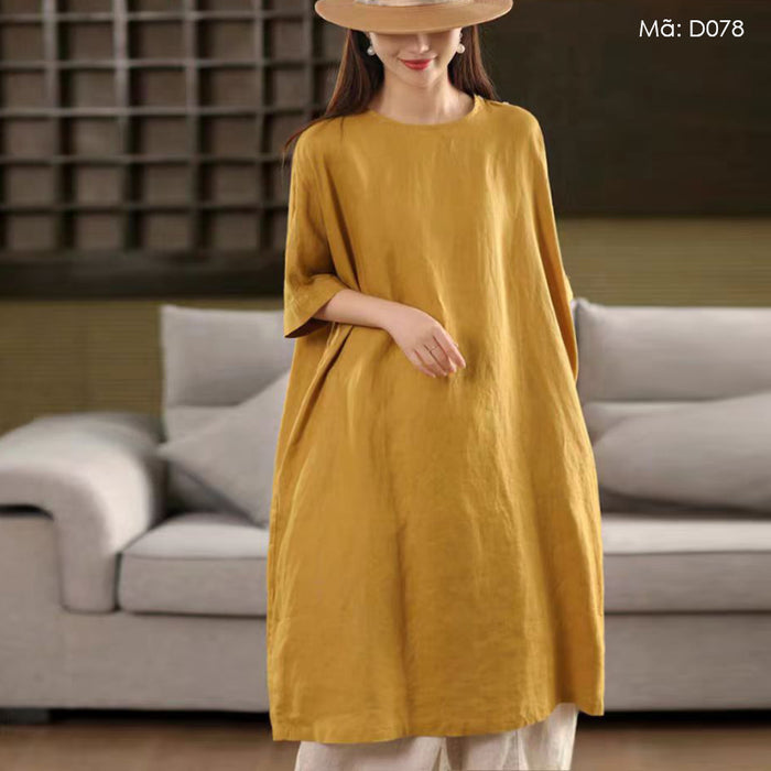 Đầm liền linen ngắn tay cổ tròn khuy vai - D078