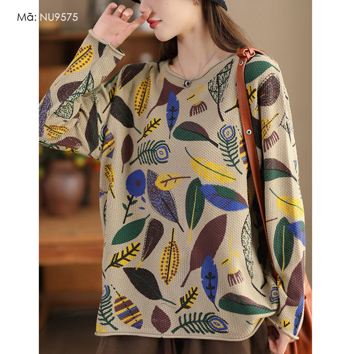 Áo len đan dài tay cổ tròn in những chiếc lông trừu tượng - NU9575