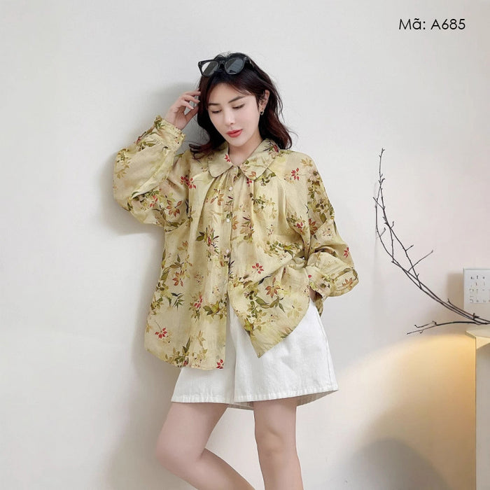Áo sơ mi linen dài tay cổ cánh sen in hoa lá - A685
