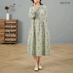 Đầm liền linen dài tay thêu hoa lá - D172