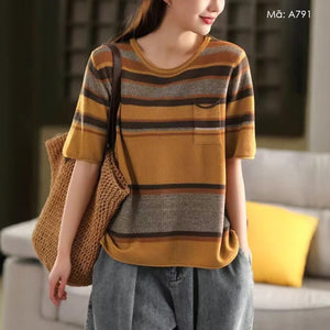 Áo T-shirt len ngắn tay cổ tròn kẻ sọc một túi - A791