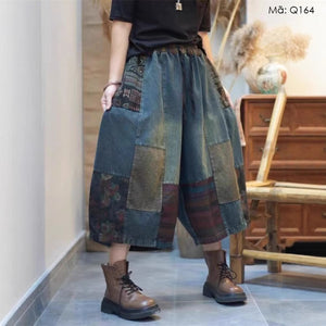 Quần baggy denim lửng ống rộng chắp vá hoa văn trừu tượng - Q164
