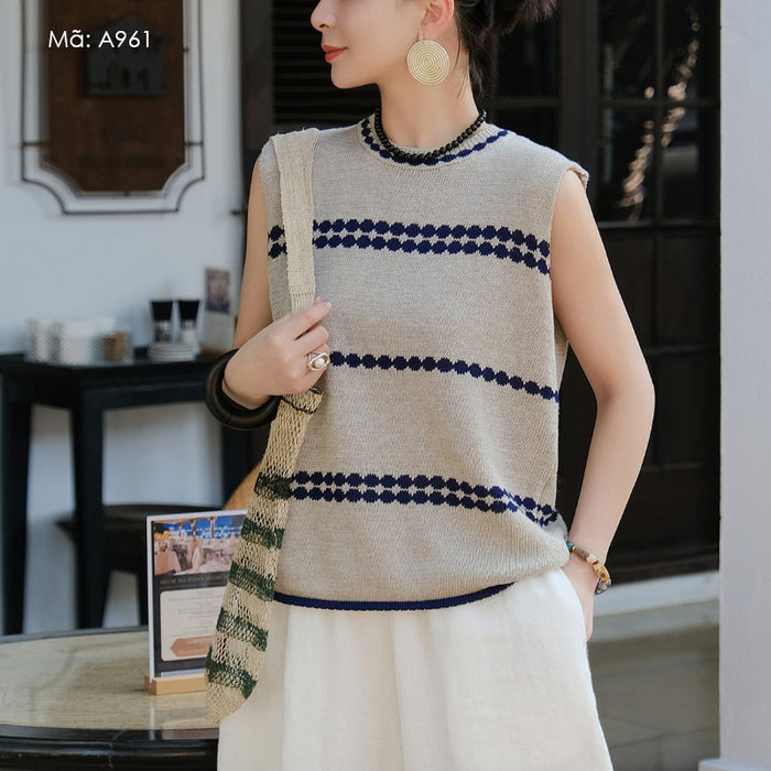 Áo T-shirt len đan sát nách cổ tròn - A961