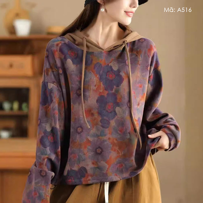 Áo hoodies dệt kim dài tay in hoa retro - A516