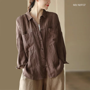 Áo sơ mi linen dài tay cổ đức hai túi vuông form rộng - NU9137