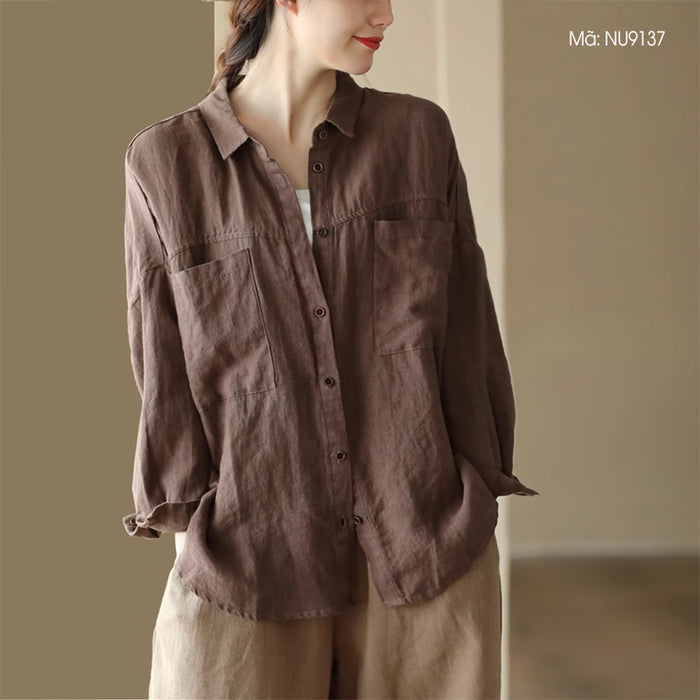 Áo sơ mi linen dài tay cổ đức hai túi vuông form rộng - NU9137