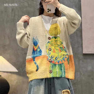 Áo khoác len cashmere dài tay cổ V in cô gái và chú mèo - NU9276