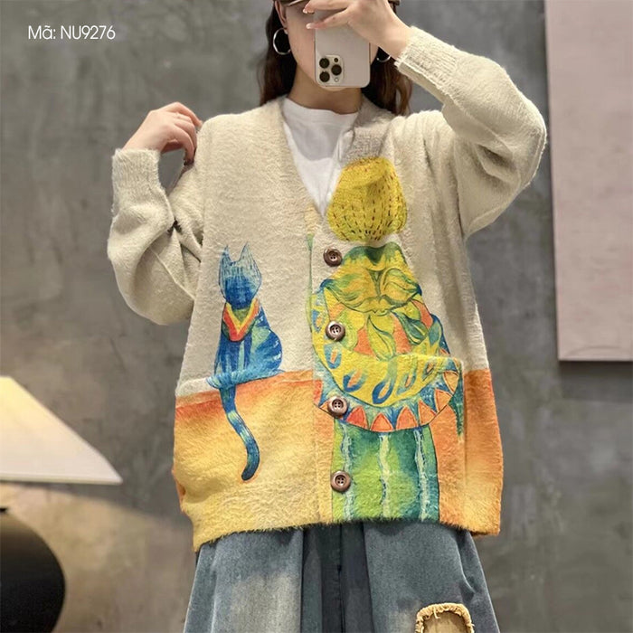 Áo khoác len cashmere dài tay cổ V in cô gái và chú mèo - NU9276